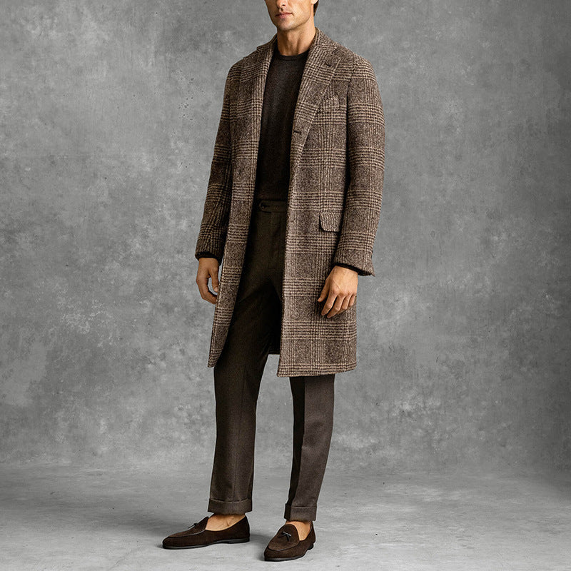 Men’s Overcoat – Tailored Fit – Wool Blend – Check Pattern – Notched Lapel – Mid-Length