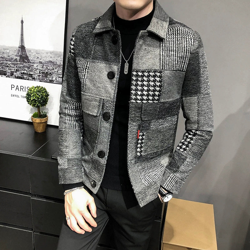 Men’s Jacket – Slim Fit – Wool – Plaid Patchwork – Button-Up with Chest Pockets