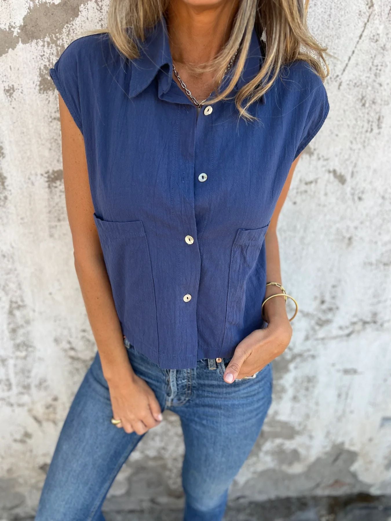Amarante® | Women'S Denim Button Down Blouse, Short Sleeves
