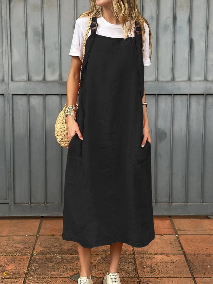 Women’s Midi Dress  – Relaxed Fit – Adjustable Straps – Front Pockets