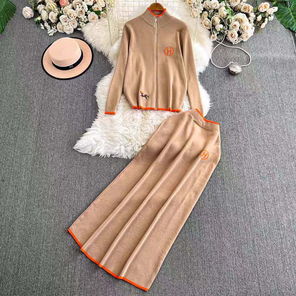 Women’s Knit Cardigan Set – Wool Blend – Embroidered – Zipper Front – A-Line Skirt
