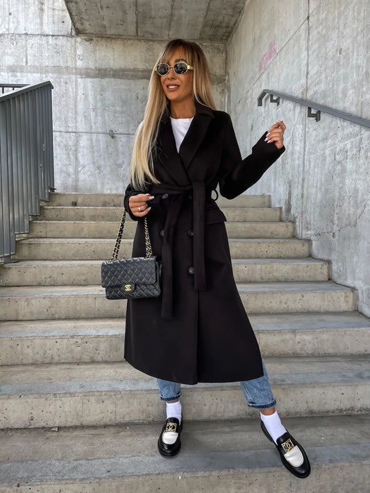 Women’s Wool Coat – Tailored Fit – Belted Waist – Lapel Collar – Full Length – Button Front