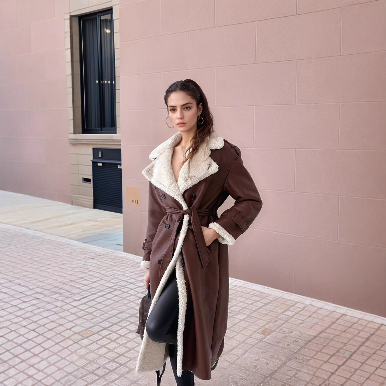 Women’s Long Leather Coat – Tailored Fit – Plush Lining – Wide Lapels – Button Front