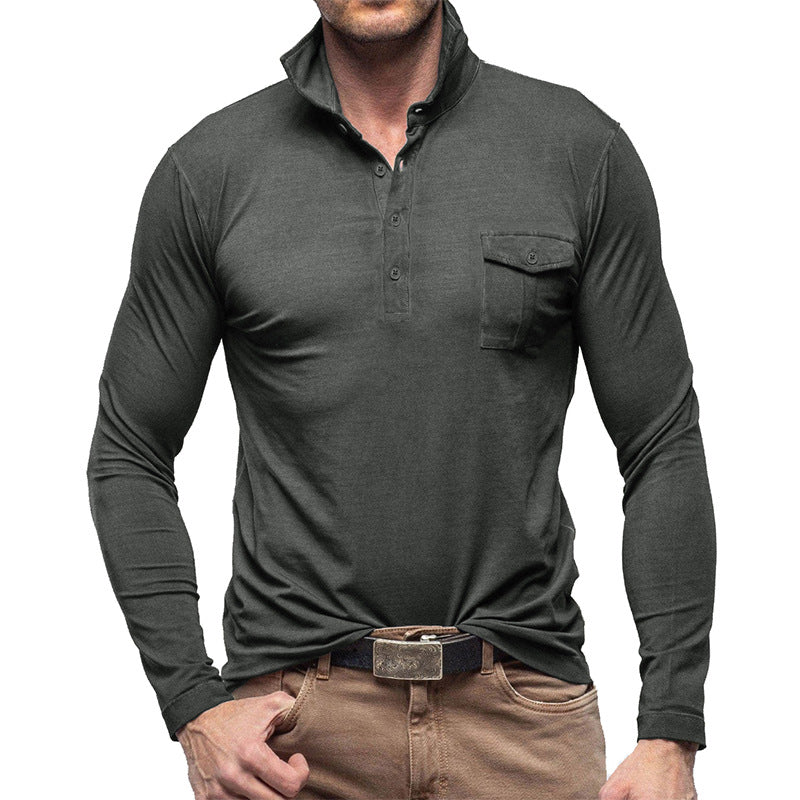 Men’s Henley Polo Shirt – Slim Fit – Cotton – Stand Collar – Chest Pocket