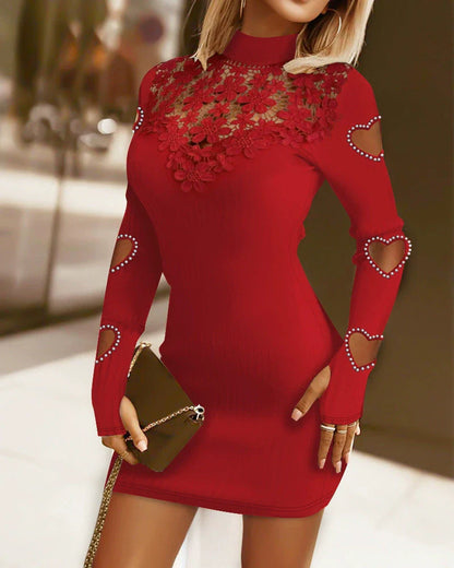 Women’s Sweater Dress – Slim Fit Ribbed Knit – High Neck – Lace Chest – Heart Cut-Out Sleeves