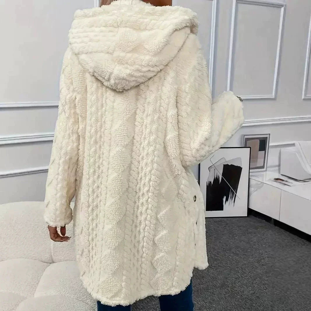 Women’s Plush Jacket – Relaxed Fit – Hooded – Long Sleeve – Button Side Slits