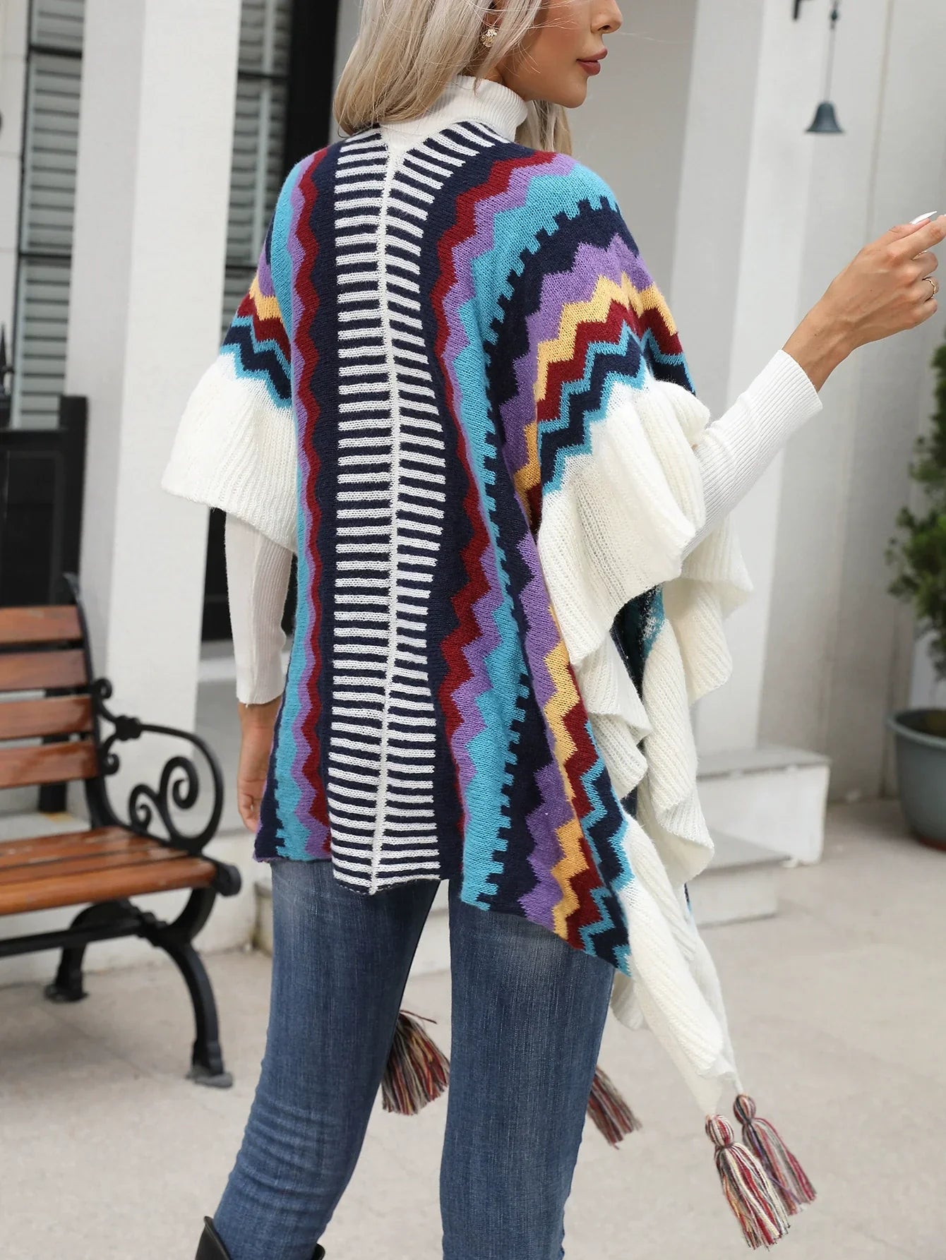 Women’s Cape Shawl Cardigan – Oversized Fit – Knit Feel – Tassel Hem – Zig-Zag Pattern