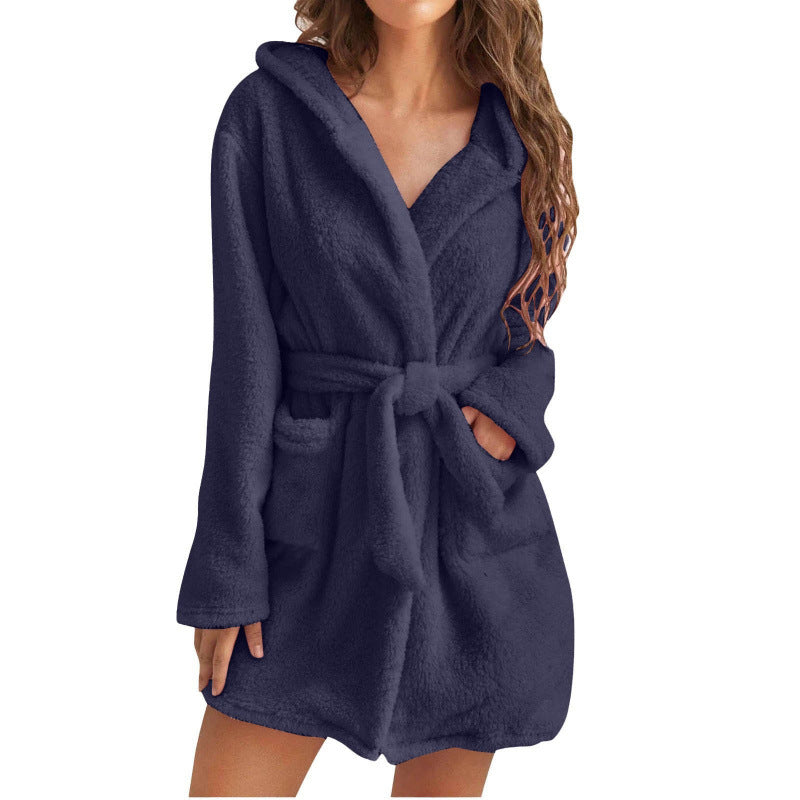 Women’s Bathrobe – Plush Fleece Feel – Relaxed Fit – Hooded Shawl Collar – Belted