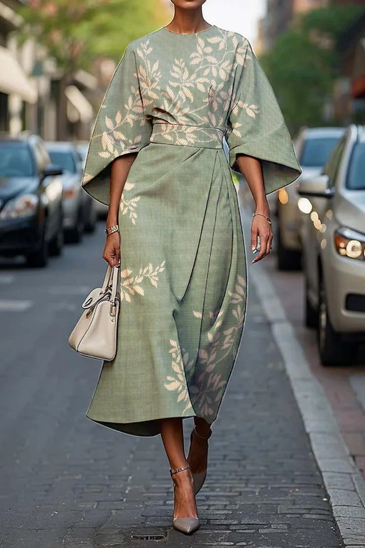 Women’s Midi Dress – A-Line Fit – Satin Finish – Geometric Print – Elbow Sleeve