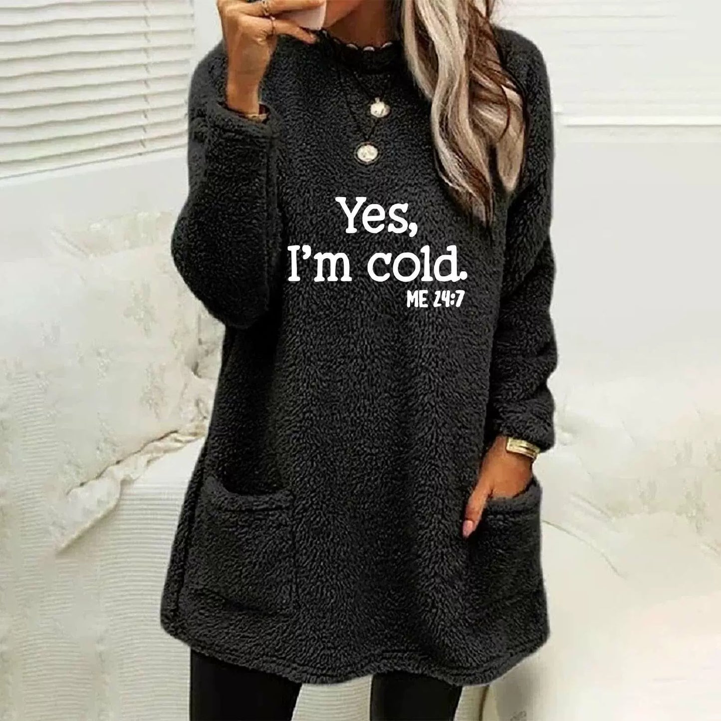 Women’s Oversized Sweatshirt – Double-Sided Fleece – Letter Print – Side Pockets – Long Sleeve