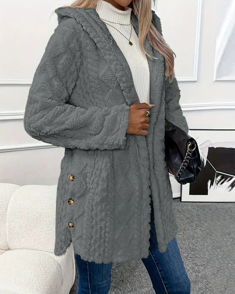 Women’s Plush Jacket – Relaxed Fit – Hooded – Long Sleeve – Button Side Slits
