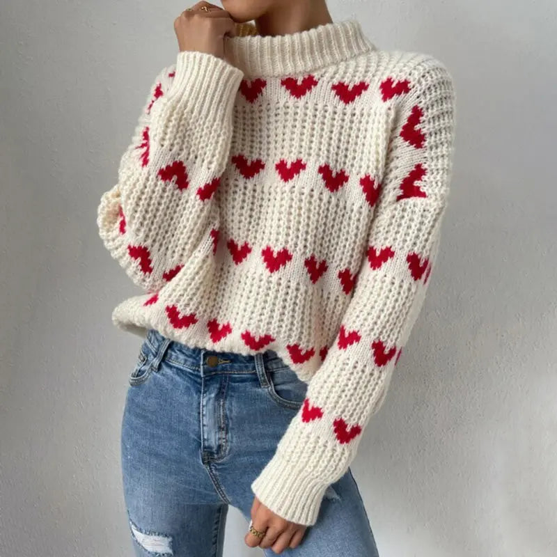 Denisse | Playful knitted sweater with heart pattern for women