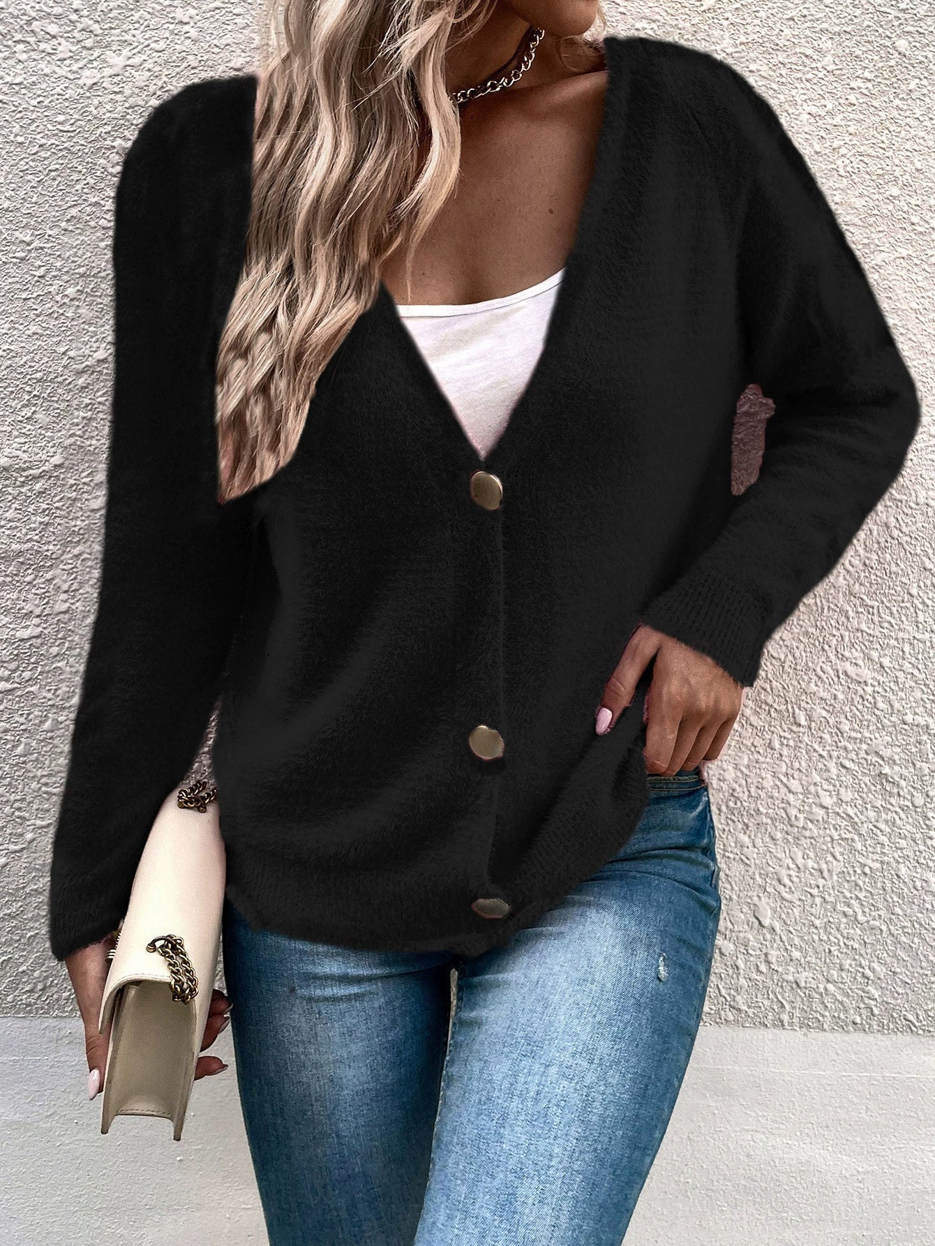 Women’s Cardigan – Relaxed Fit – Wool Blend – V-Neck Button Front