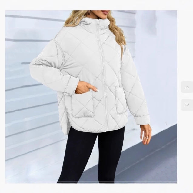 Women’s Quilted Jacket – Oversized Fit – Diamond Stitching – Stand Collar – Zip Front