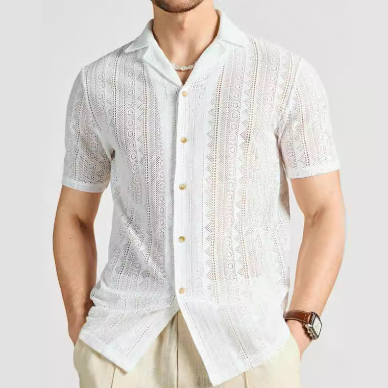 Reggie | Lightweight Knit Lace Openwork Button Down Shirt - Relaxed Fit