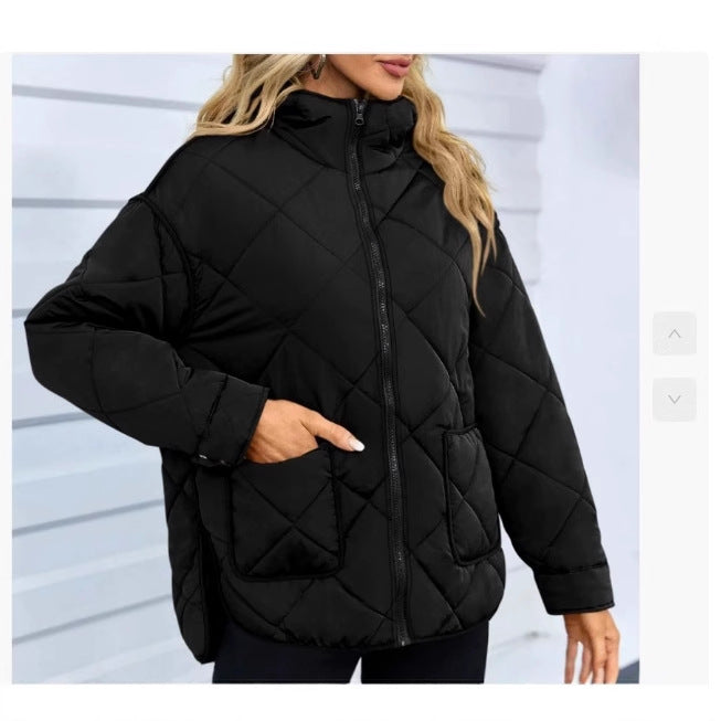Women’s Quilted Jacket – Oversized Fit – Diamond Stitching – Stand Collar – Zip Front