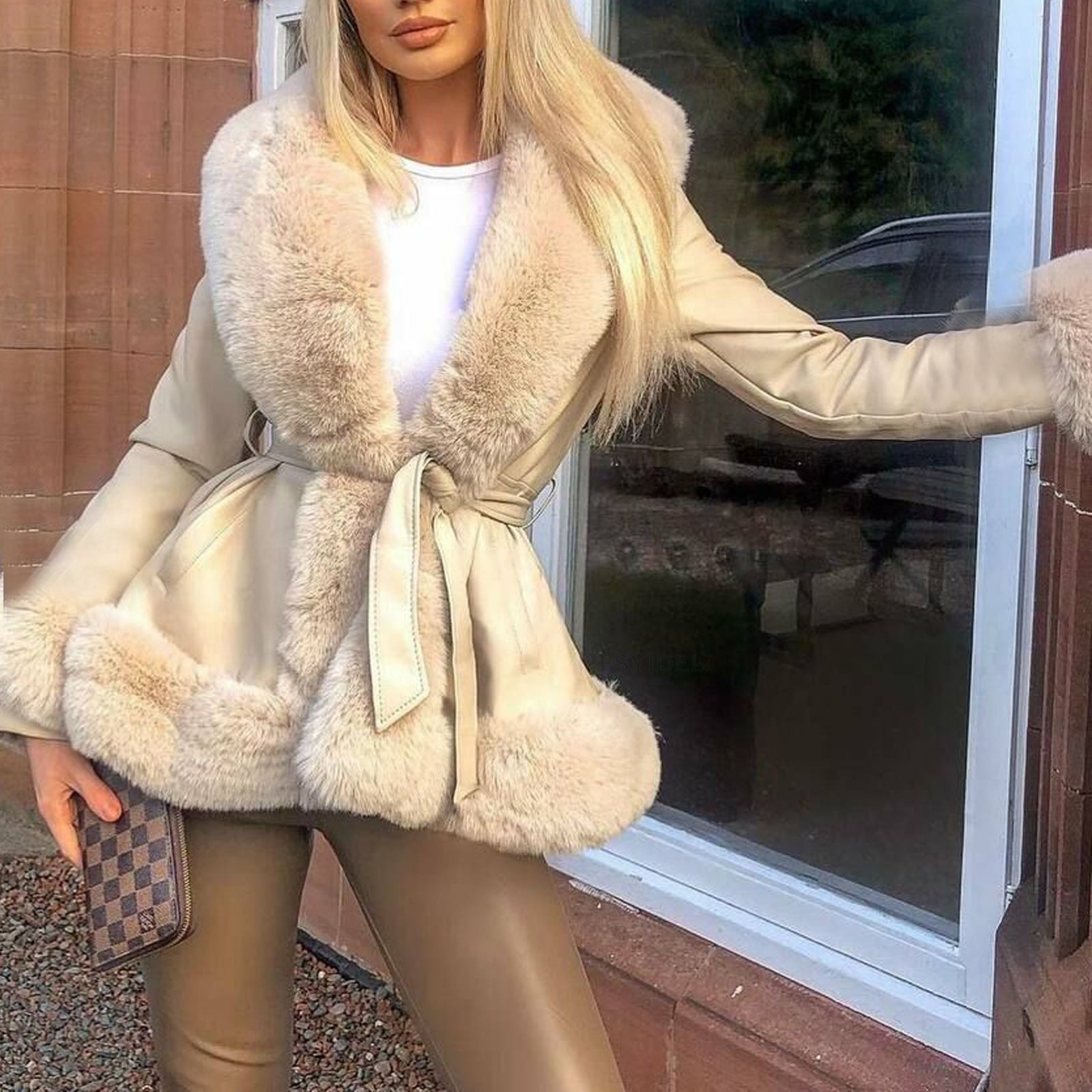 Women’s Coat – Relaxed Fit – Faux Fur Trim – Tie Waist – Bell Sleeves – Patch Pockets