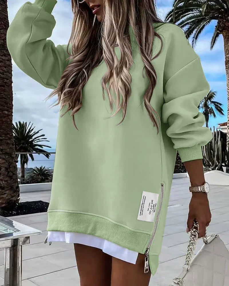 Women’s Sweatshirt Dress – Oversized Fit – Cotton Blend – Zipper Detail – Mini Length