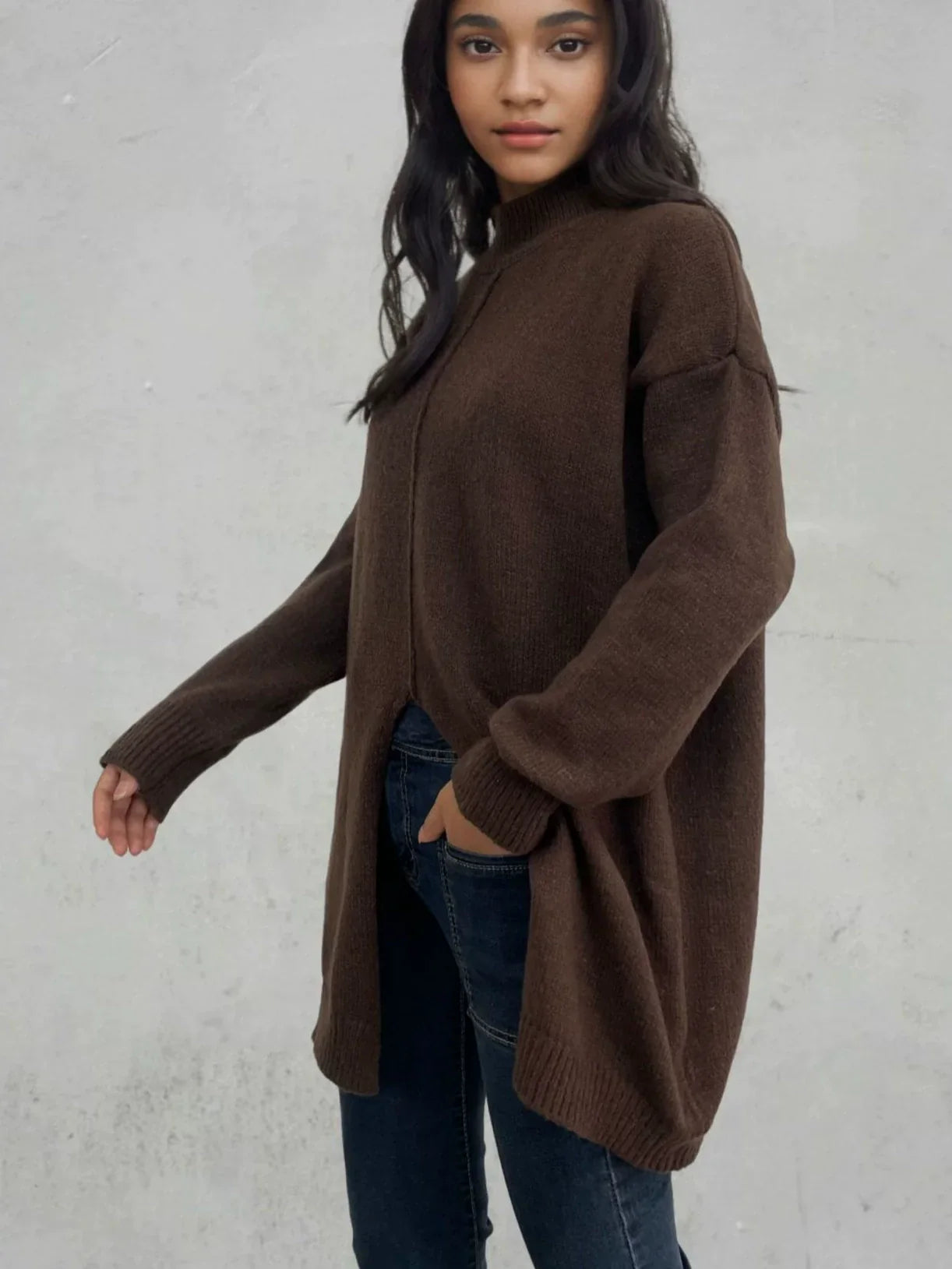 Women’s Pullover Sweater – Wool – Oversized Fit – Half Turtleneck – High Slit Hem