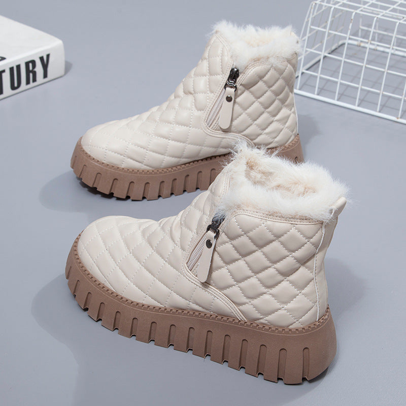 Women’s Ankle Boots – Quilted Upper – Faux Fur Lining – Side Zip Platform Sole