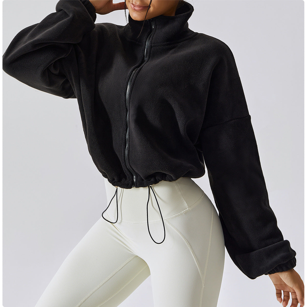 Women’s Cropped Jacket – Fleece – Loose Fit – Zip Front – Stand Collar – Drawstring Hem