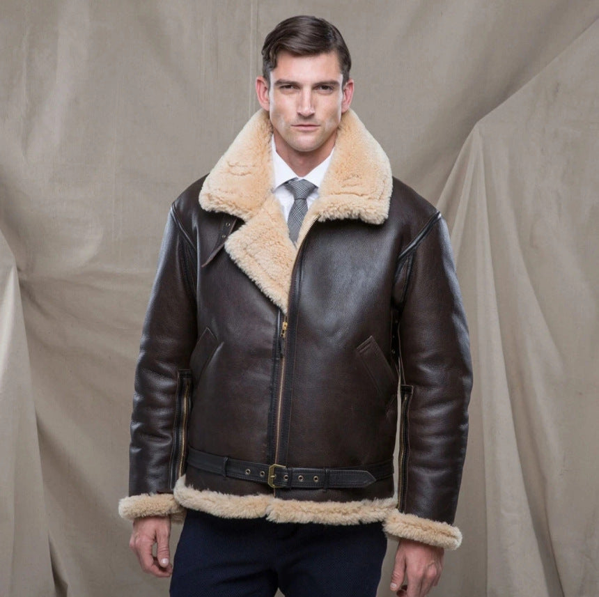 Men’s Fur Coat – Structured Fit – Leather Look – Plush Trim – Waist Belt – Zip Closure