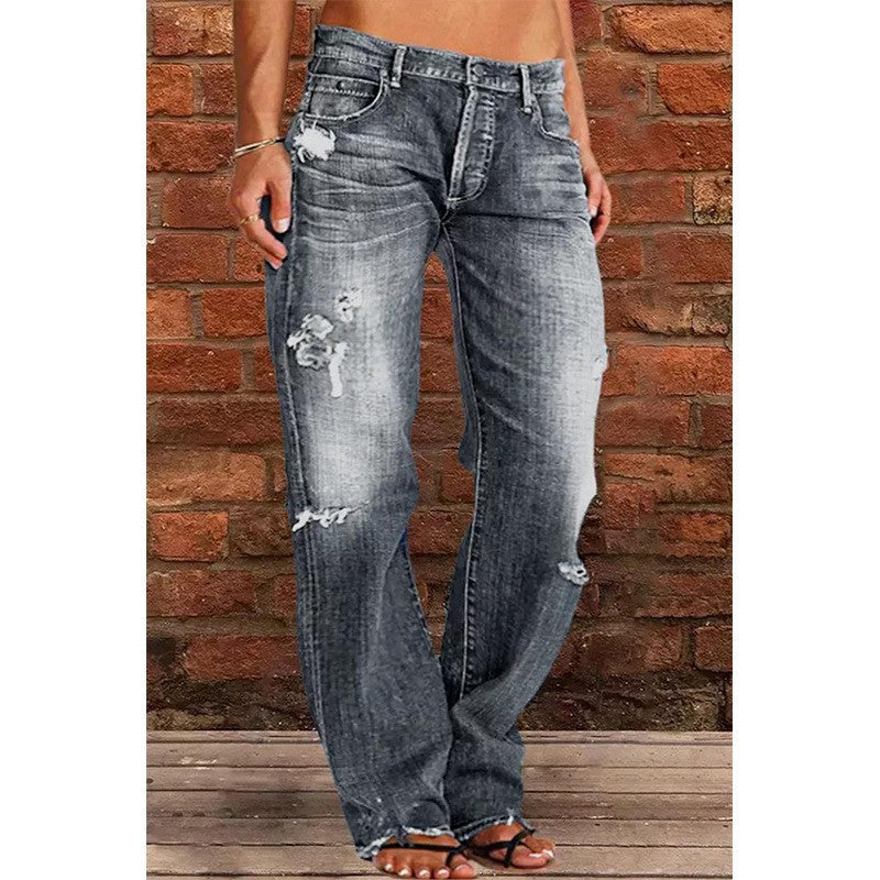 Women’s Jeans – High Waist – Relaxed Fit – Flared Leg – Distressed Raw Hem Denim