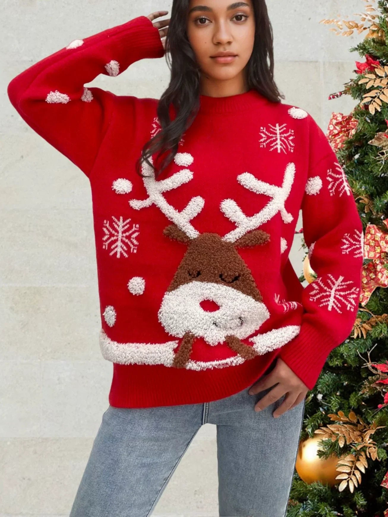 Women’s Knitted Sweater – Oversized Fit – Wool Blend – Crew Neck – Embroidered Deer
