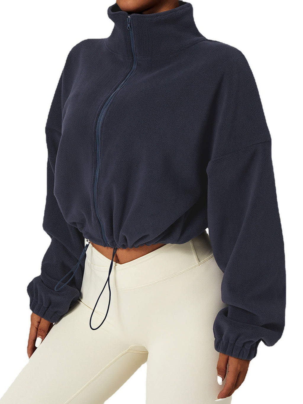 Women’s Cropped Jacket – Fleece – Loose Fit – Zip Front – Stand Collar – Drawstring Hem