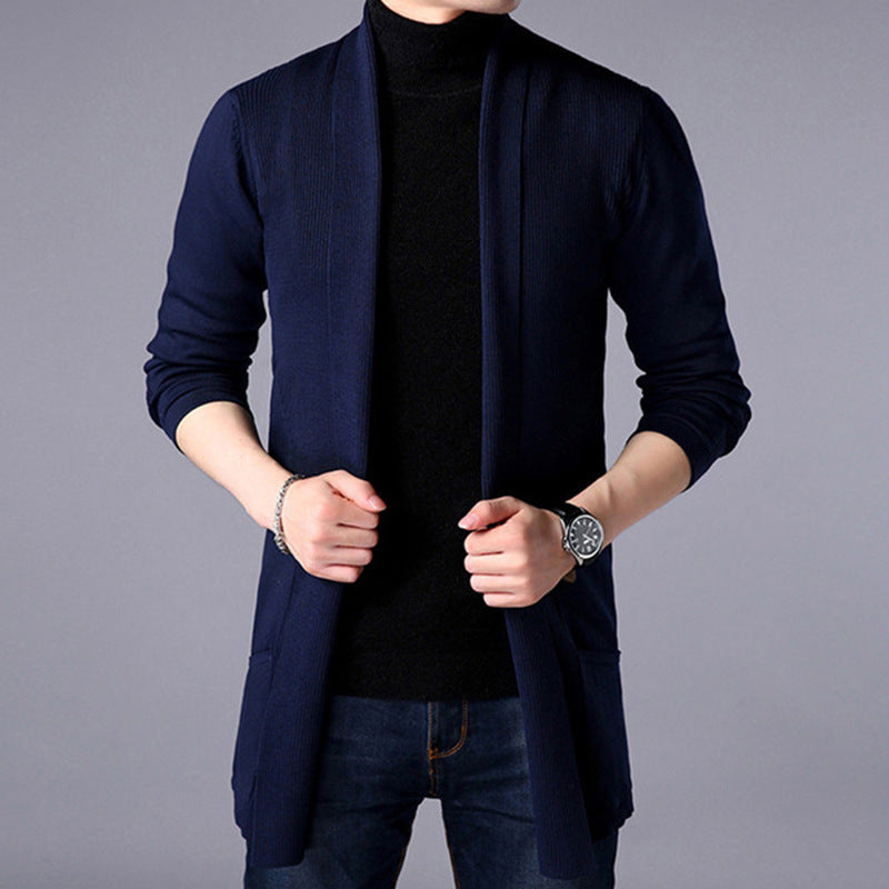 Men’s Long Cardigan – Knitted – Relaxed Fit – Open Front – Ribbed Trim – Casual Layer