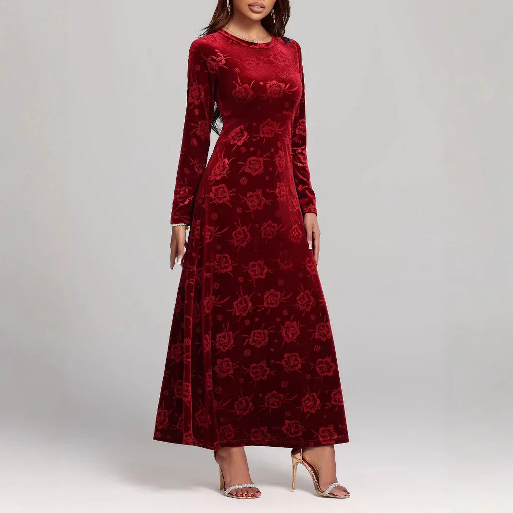 Women’s Maxi Dress – Velvet – A-Line Fit – Floral Embossed – Long Sleeve Elegant Wear