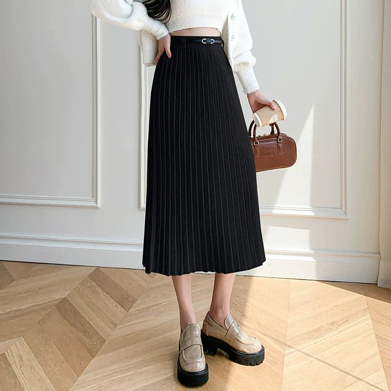 Women’s Midi Skirt – Wool Blend – Pleated Slim Fit – A-Line with Belt Detail
