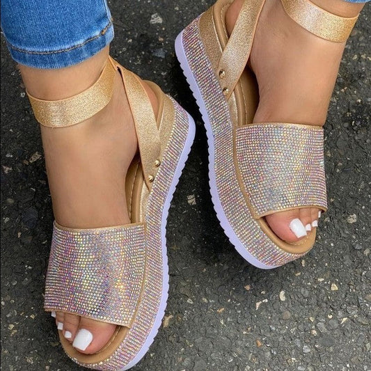 Rita | Women’s Rhinestone Platform Sandals - Chunky Sole with Buckle Strap