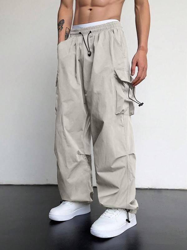 Men’s Cargo Pants – Relaxed Fit – Wide Leg – Cotton Woven – Elastic Hem – Drawstring Waist