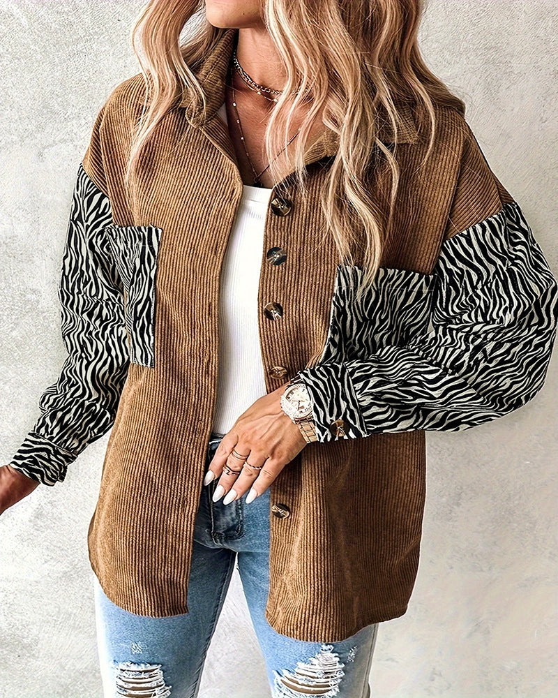 Women’s Jacket – Oversized Fit – Corduroy Texture – Button-Up – Pattern Sleeve Detail