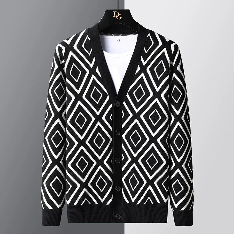 Men’s Cardigan Sweater – Slim Fit – Knitted Wool Blend – Jacquard – Button Front Layer