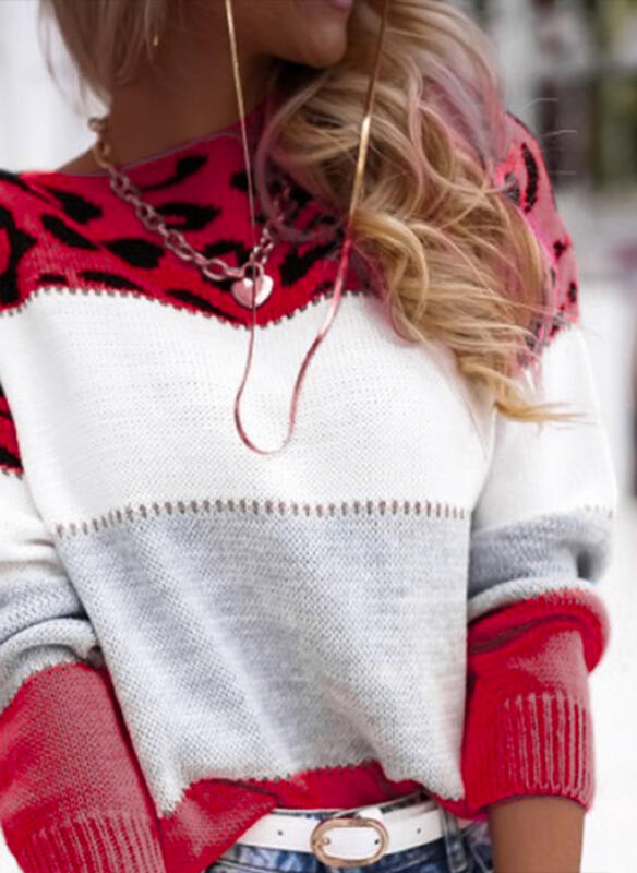 Women’s Sweatshirt – Relaxed Fit Knit – Animal Print – Color Block – Long Sleeve Casual