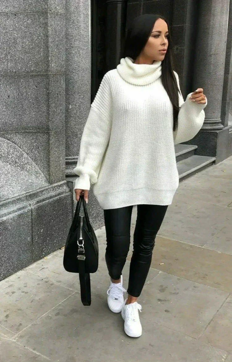 Women’s Knitted Sweater – Oversized Fit – Turtleneck – Ribbed Sleeve Casual Pullover