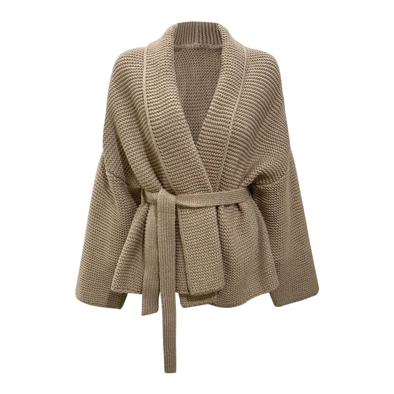 Women’s Cardigan – Chunky Knit – Oversized Fit – Waist Tie – Mid-Length Wool Layer