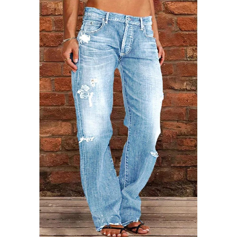 Women’s Jeans – High Waist – Relaxed Fit – Flared Leg – Distressed Raw Hem Denim