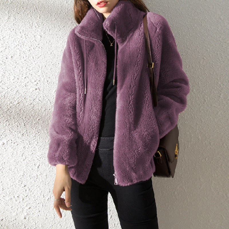 Women’s Bomber Jacket – Plush Fleece – Relaxed Fit – Stand Collar – Zip Front Closure