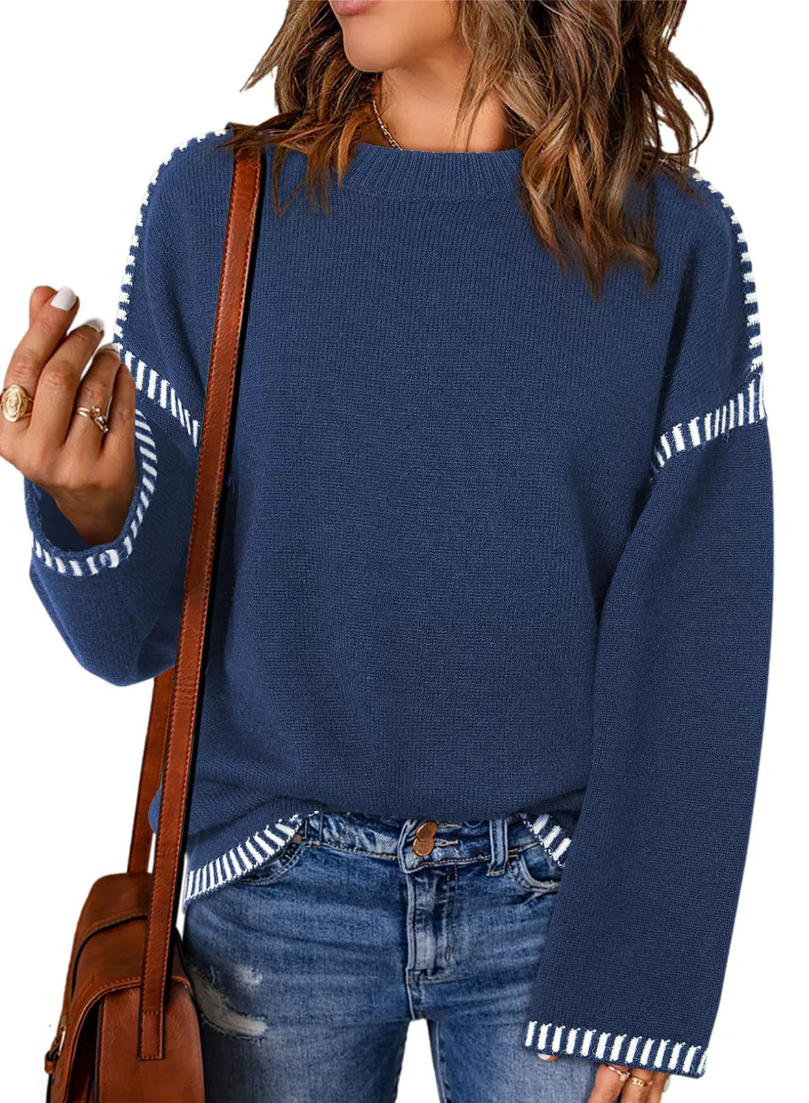 Women’s Sweater – Loose Fit Cable Knit – Round Neck – Long Sleeve with Stripe Trim
