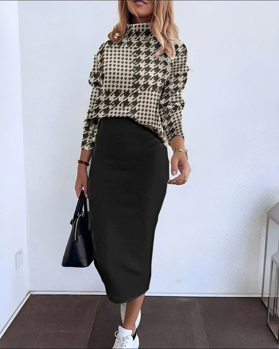 Women’s Two-Piece Suit – Relaxed Fit – Long Sleeve Top and Midi Skirt – Geometric Print