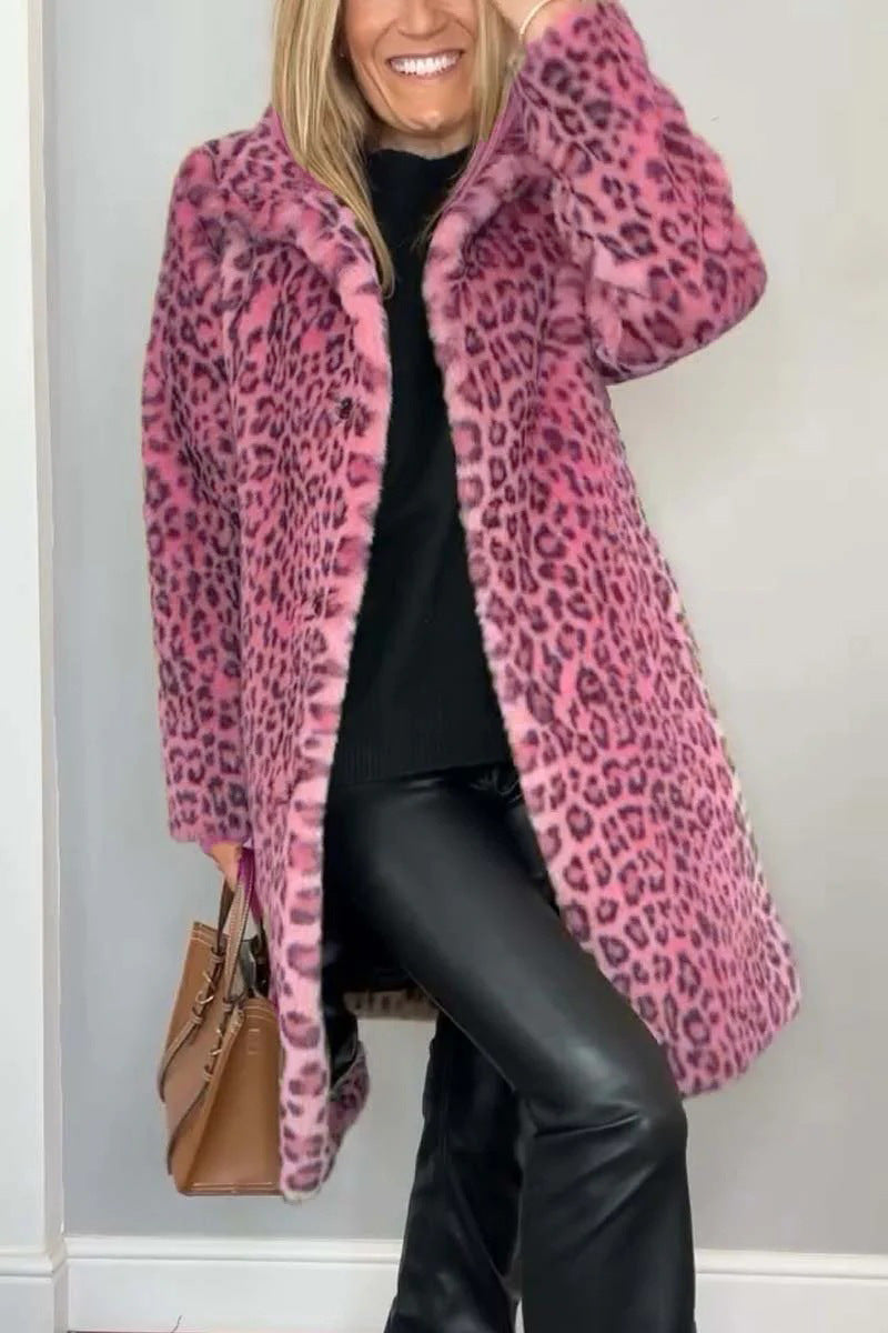 Women’s Coat – Faux Fur – Oversized Fit – Notched Collar – Leopard Print – Casual
