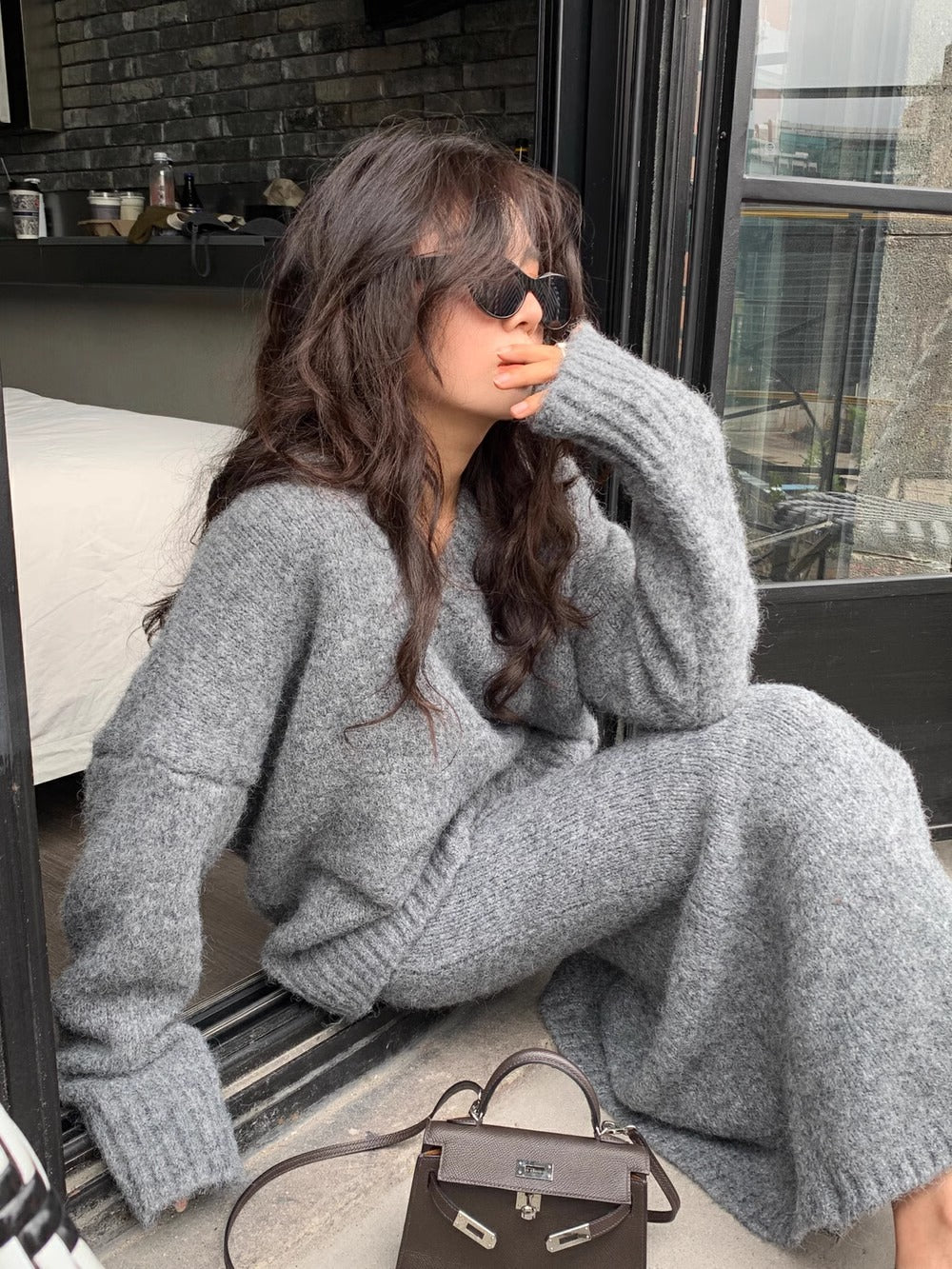 Morgan | Women's V-Neck Knit Sweater and Flare Midi Skirt Set