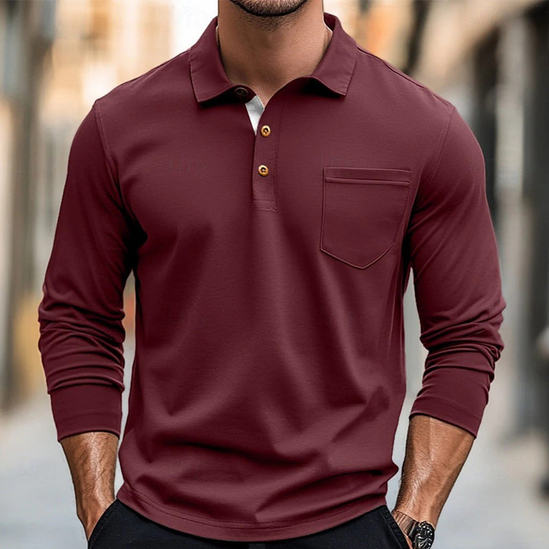 Men’s Polo Shirt – Cotton – Slim Fit – Long Sleeve – Chest Pocket – Button Placket