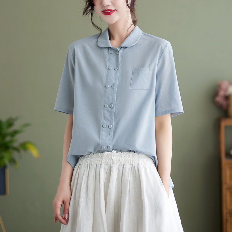 Athalie® | White Short Sleeve Cotton Linen Blouse For Women