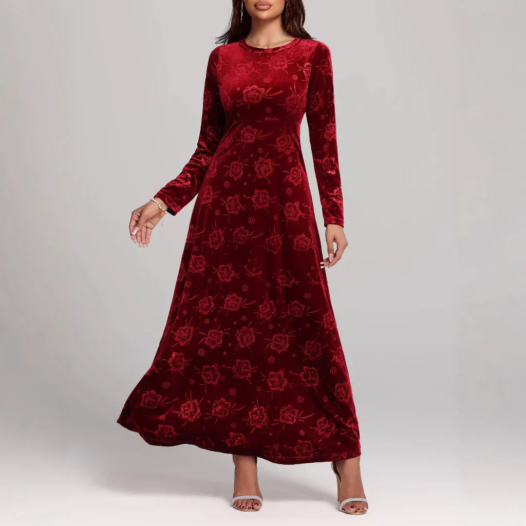 Women’s Maxi Dress – Velvet – A-Line Fit – Floral Embossed – Long Sleeve Elegant Wear