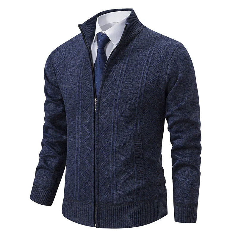 Men’s Cardigan Jacket – Wool Knit – Tailored Fit – Stand Collar – Zipper Closure