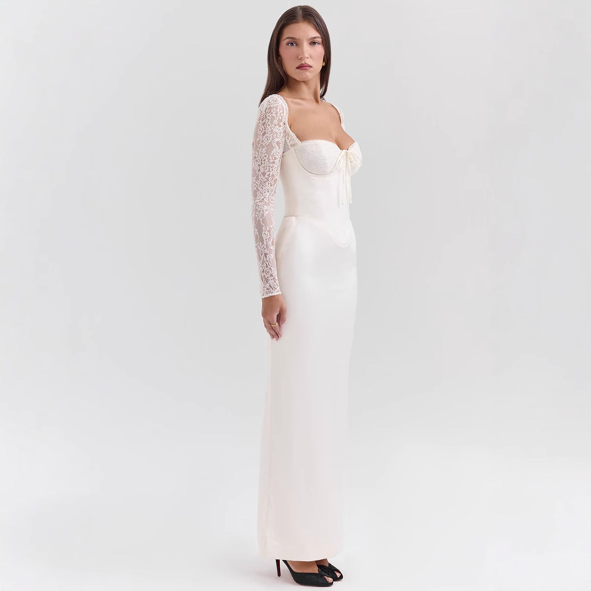 Regina | Women's Evening Long Dress - Bodycon - Lace Sleeves - Sweetheart Neckline